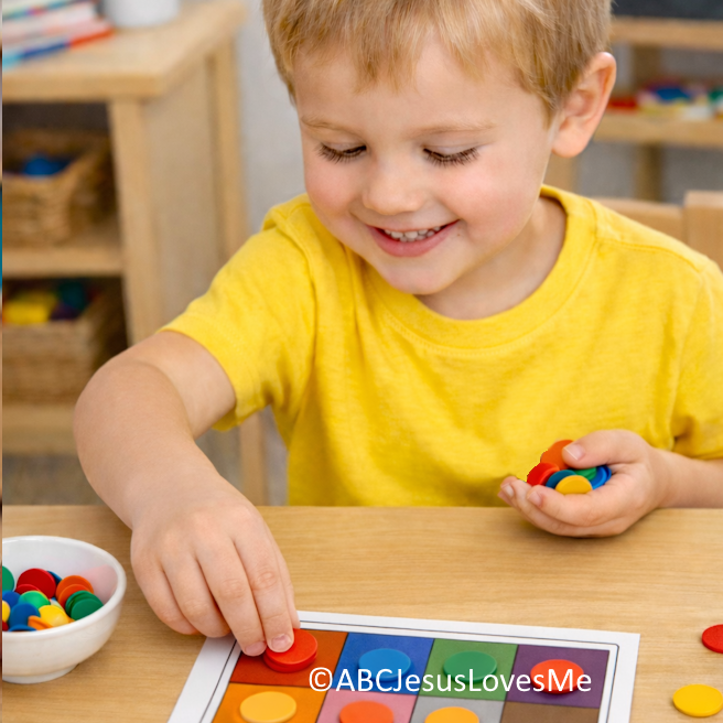 Child playing color bingo.