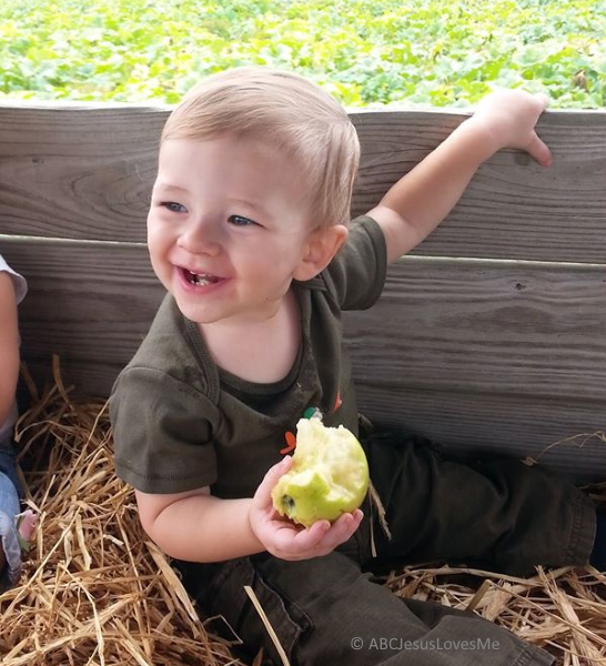 Little boy in wagon, holding an apple.