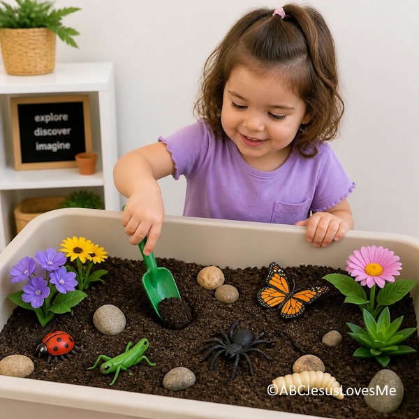 A little girl playing in a garden sensory bin.