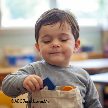 A child drawing a number from a mystery bag.