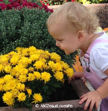 A little girl smelling flowers